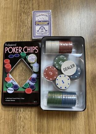 Набір покерний на 100 фішок з номіналом та картами в металевій коробці1 фото