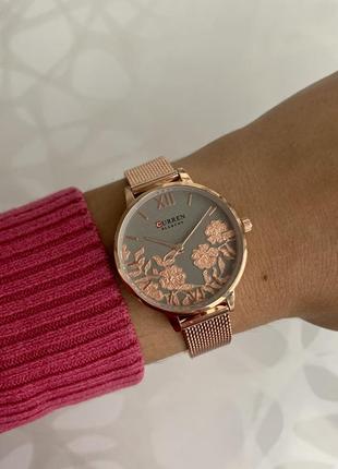 Женские металлические часы curren blanche розовое золото с цветами каррен бланш3 фото