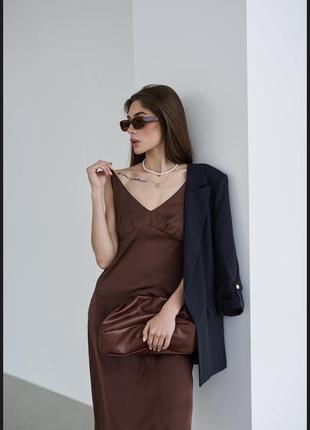 Плаття-комбінація з сатину в шоколадному кольорі довжина міді в стилі zara