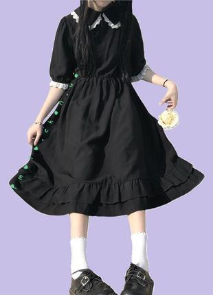 Корейское платье миди длинное с кружевом рюшами косплей черное2 фото