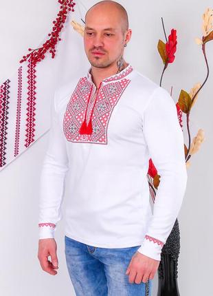 Вышиванка белая с красным длинный рукав, мужская рубашка рубашка вышитая, вышиванка белая