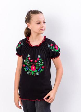 Детская черная вышиванка с коротким рукавом, блузка рубашка вышита в цветы