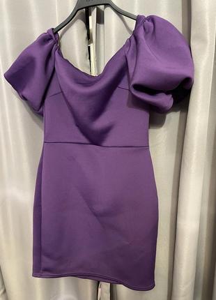 Платье мини баклажанового цвета с пышными рукавами true violet6 фото