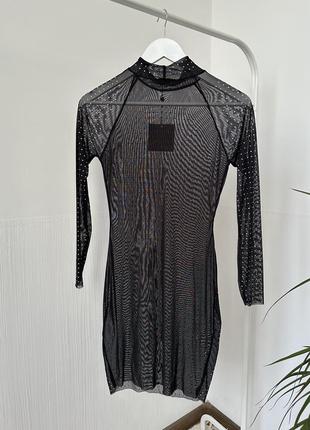 Черное платье сеточка прозрачное мини со стразами и длинными рукавами7 фото