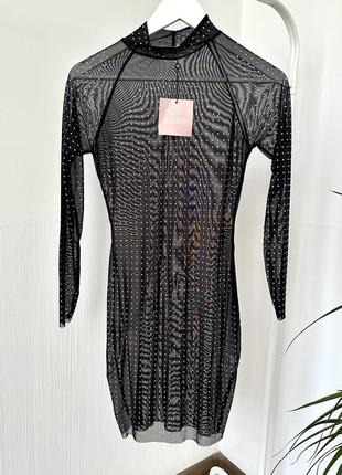 Черное платье сеточка прозрачное мини со стразами и длинными рукавами5 фото