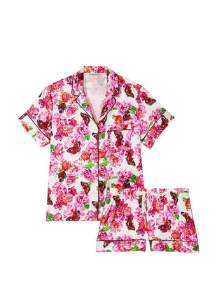 Сатиновая летняя короткая пижама цветочная розовая victoria's secret3 фото