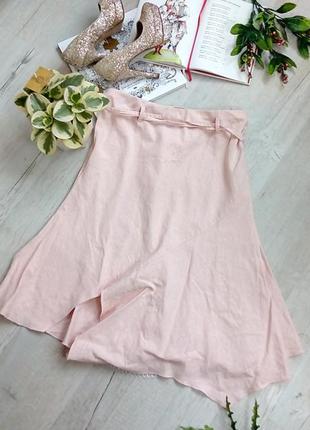 Актуальная асимметричная оригинальная юбка розовая миди лен и вискоза на резинке4 фото