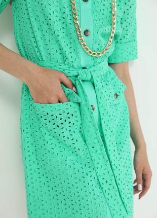 Платье - мини женское короткое, из прошвы, хлопковое, на пуговицах, с карманами, летнее, бирюзовое4 фото