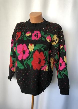 Винтаж джемпер свитер интарсия яркий узор розы 80е купоны3 фото
