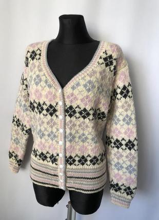 Вінтаж кардиган ручна робота шерсть ромби орнамент аргайл рожевий білий y2k preppy style