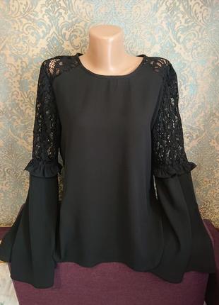 Красивая женская черная блуза с расклешонными рукавами кружево р.44/46 блузка блузочка1 фото