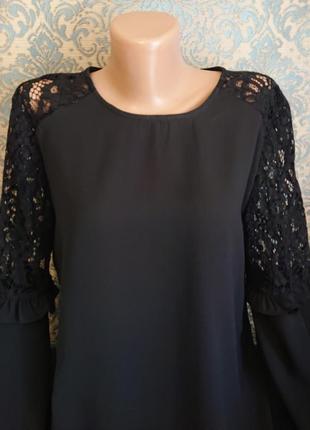 Красивая женская черная блуза с расклешонными рукавами кружево р.44/46 блузка блузочка3 фото