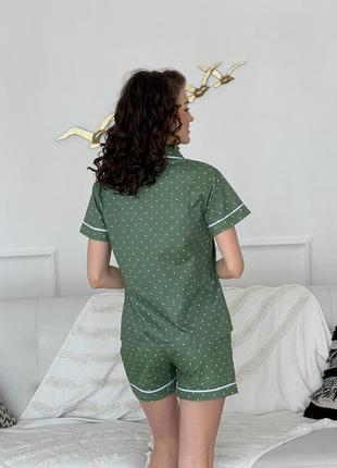 Женский домашний комплект из сатина cosy (шорты+рубашка) зеленая в горошек4 фото