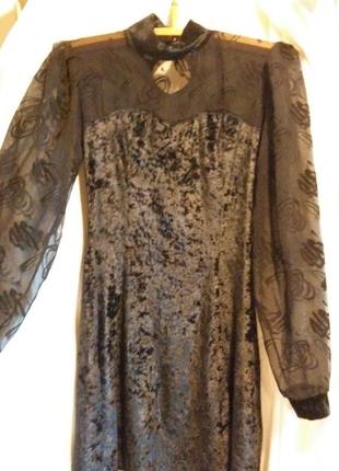 Вечернее бархатное платье с объемными рукавами сеточкой панбархат6 фото