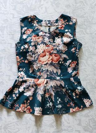 Бавовняна блуза в рози, блузка квітковий принт, блузка з баскою