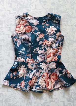 Бавовняна блуза в рози, блузка квітковий принт, блузка з баскою2 фото