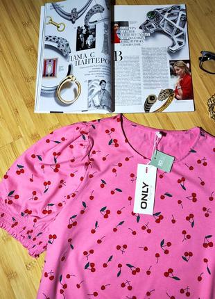 Only🍒нова рожева коттонова футболка принт вишеньки3 фото