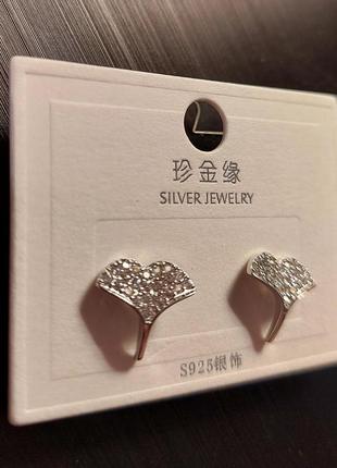 Сережки гудзики "листочок" з кристалами цирконія, "silver jewerly" , срібло 925, нові2 фото