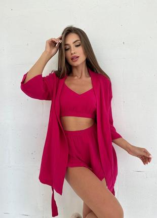 Christel 137 домашний комплект муслин пижама халат кимоно топ и шорты малина