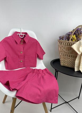 Льняной розовый костюм рубашка и шортики2 фото