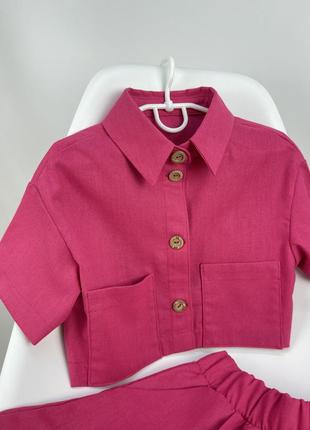 Льняной розовый костюм рубашка и шортики3 фото