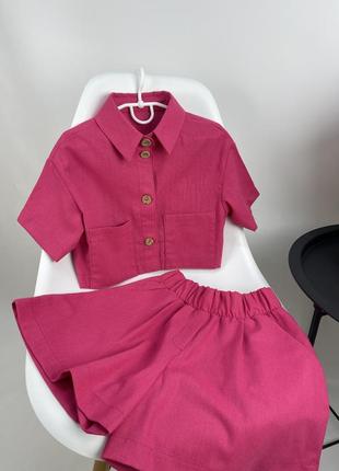 Льняной розовый костюм рубашка и шортики8 фото