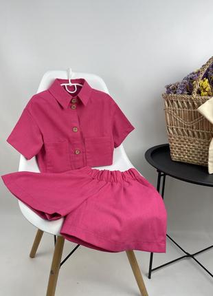 Льняной розовый костюм рубашка и шортики10 фото