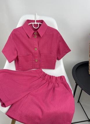 Льняной розовый костюм рубашка и шортики4 фото