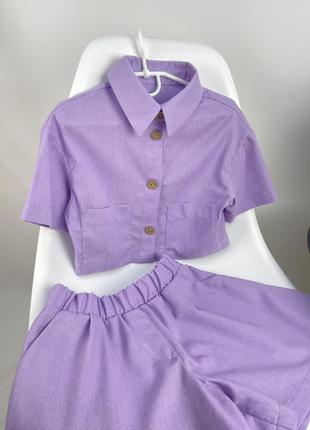 Льняной лавандовый костюм рубашка и шорты летний комплект10 фото