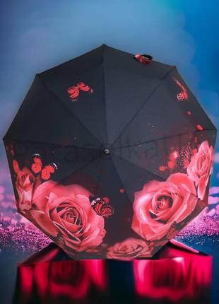 "волшебный тандем: женский складной автоматический зонт с черным куполом и красными розами"3 фото