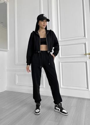 Черный костюм с хлопковой трехнитки костюм со штанами и кофтой на молнии