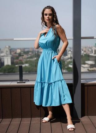 Голубое платье с v-образными вырезами3 фото