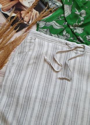 Натуральная летняя льняна юбка с карманами в полоску8 фото