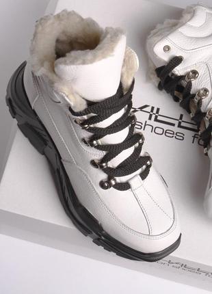 Білі шкіряні зимові черевики на платформі, черевики шкіра зима6 фото