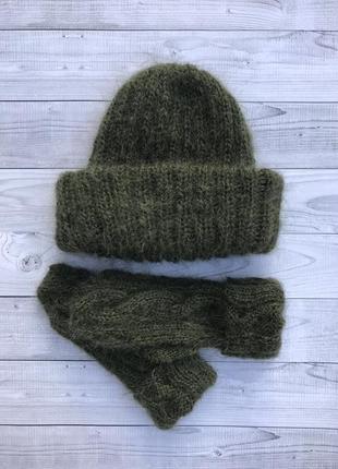 Мохерова шапочка, об'ємна шапка , плетена шапка з підворотом1 фото