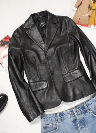 Кожаный пиджак mango м 38 36 размер натуральная кожа черный женский пиджак2 фото