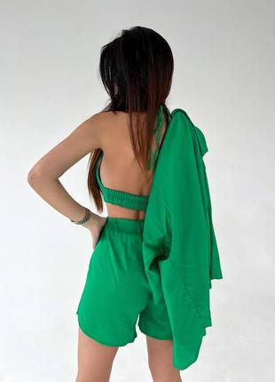 Женский летний костюм тройка льняной из натуральной ткани качественный шорты и топ + рубашка зеленый бежевый5 фото