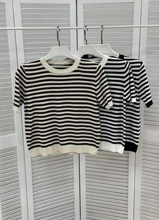 Кофта свитер в полоску тельняшка футболка вязкая черная белая молочная бежевая2 фото