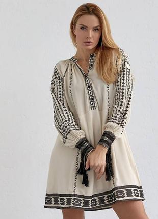 Стильна трендова бежева сукня-вишиванка міді,плаття з вишивкою,сукня вишита літня/літо-жіночий одяг2 фото