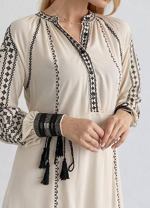 Стильна трендова бежева сукня-вишиванка міді,плаття з вишивкою,сукня вишита літня/літо-жіночий одяг4 фото