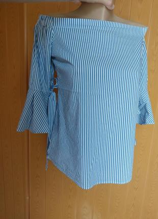 Оригинальная блузка на плече кофта на рукавах бантики, блузка в полоску
