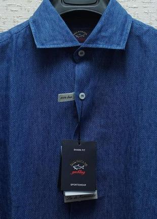 Мужская рубашка paul &amp; shark (италия), синего цвета из нормандского льна3 фото