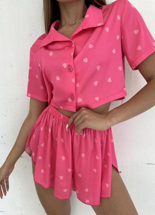 Яркая пижама костюм для дома сердечки рубашка шорты малина розовая шелк сатин2 фото