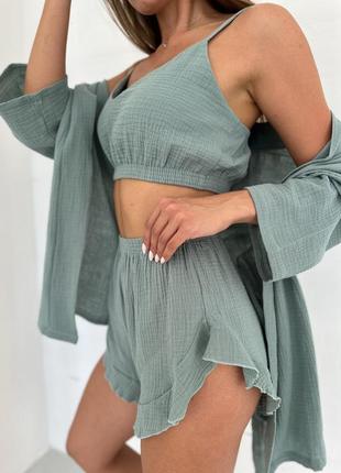 Пижама муслин комплект топ шорты с рюшами халатик для дома сна фисташка оливка серый муслин муслин2 фото