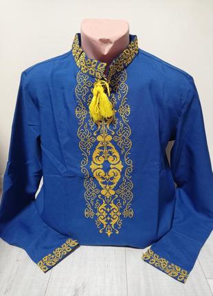 Детская синяя вышиванка с вышивкой для мальчика подростка  украинатд на 6-16 лет