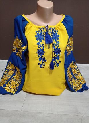 Дитяча вишиванка на дівчинку підлітка з довгим рукавом україна тд на 6-16 років жовта з синім
