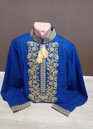 Детская синяя вышиванка с вышивкой для мальчика подростка  украинатд на 6-16 лет лен