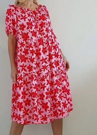 Новое!соковитое натуральное ярусное платье-миди в цветы/ платье-миди с открытыми плечами.балал3 фото