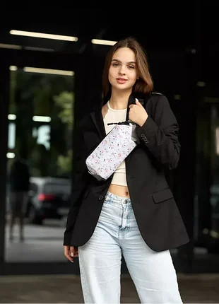 Жіноча сумка на пояс бананка sambag holster msh сіра тканинна з білим квітковим принтом