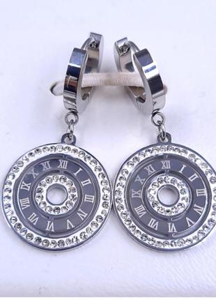 Сережки stainless steel. сталь. родій. камені: білий циркон. довжина: 36 мм. ширина: 19 мм.